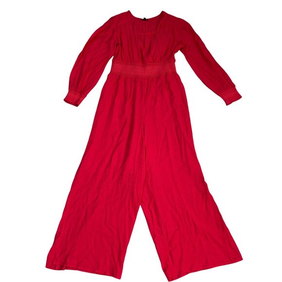 New Current Air Stacey Wide-Leg Jumpsuit Red Smocked Long Sleeve Size XL - Picture 2 of 11